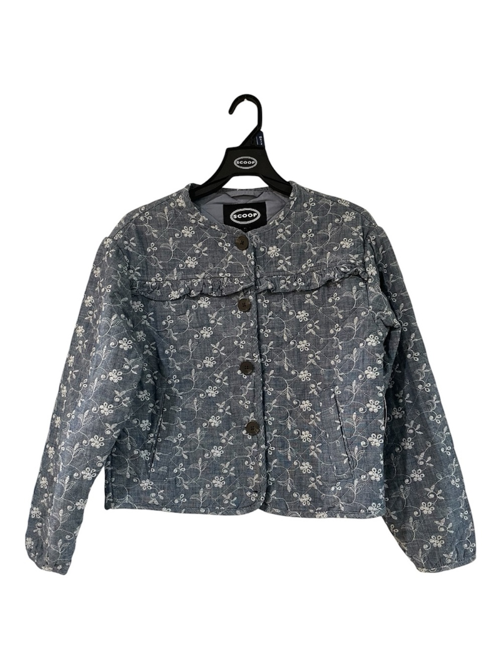Scoop Floral Embroidered Crewneck Denim Jacket - Blue